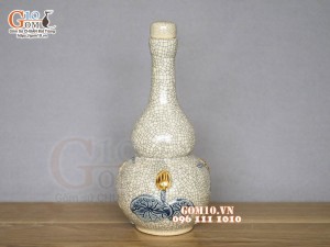 Nậm rượu 2 bầu men rạn đắp nổi Sen Tài Lộc, 24cm