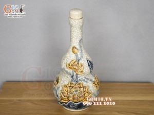 Nậm rượu 2 bầu men rạn đắp nổi Sen Tài Lộc, 24cm