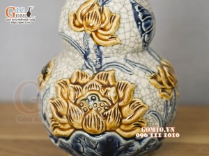 Nậm rượu 2 bầu men rạn đắp nổi Sen Tài Lộc, 24cm