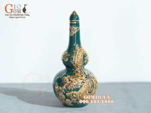 Nậm rượu 2 bầu Xanh lục bảo đắp nổi Rồng - vẽ vàng 24k, cao 23cm