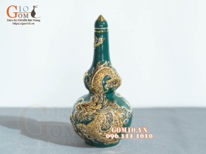 Nậm rượu 2 bầu Xanh lục bảo đắp nổi Rồng - vẽ vàng 24k, cao 23cm