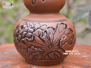 Nậm rượu gốm 2 bầu khắc Sen, 1,2 Lít