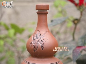 Nậm rượu gốm 2 bầu khắc Sen, 1,2 Lít