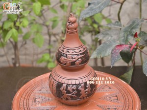 Nậm rượu gốm 2 bầu khắc Trống Đồng nắp hồ lô, 1,2 Lít