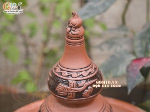 Nậm rượu gốm 2 bầu khắc Trống Đồng nắp hồ lô, 1,2 Lít