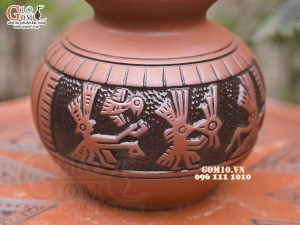 Nậm rượu gốm 2 bầu khắc Trống Đồng nắp hồ lô, 1,2 Lít