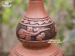 Nậm rượu gốm 2 bầu khắc Trống Đồng nắp hồ lô, 1,2 Lít