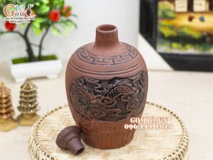 Nậm rượu gốm khắc Rồng Phượng, 1,5L