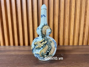 Nậm rượu hai bầu men rạn đắp nổi rồng, cao 26cm