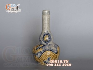 Nậm rượu 2 bầu men rạn đắp nổi Rồng Phú Quý, cao 22cm