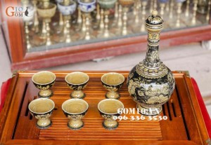 Nậm rượu men cổ vẽ sen Cao 25cm