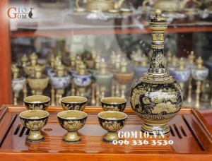 Nậm rượu men cổ vẽ sen Cao 25cm