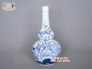 Nậm rượu 2 bầu men lam vẽ Sen Đại Cát, cao 23cm
