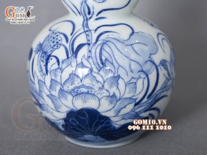 Nậm rượu 2 bầu men lam vẽ Sen Đại Cát, cao 23cm