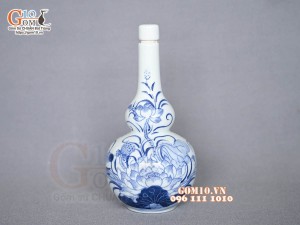 Nậm rượu 2 bầu men lam vẽ Sen Đại Cát, cao 18cm