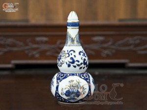 Nậm rượu men trắng họa tiết Tứ Cảnh Tài Lộc vẽ vàng 24k, cao 16cm