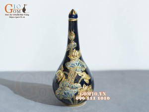 Nậm rượu Xanh coban đắp nổi Sen - vẽ vàng 24k, cao 21cm