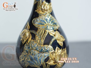 Nậm rượu Xanh coban đắp nổi Sen - vẽ vàng 24k, cao 21cm