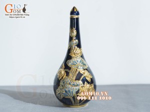 Nậm rượu Xanh coban đắp nổi Sen - vẽ vàng 24k, cao 27cm
