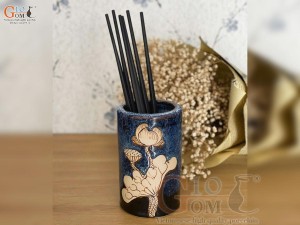 Ống đũa men hỏa biến xanh đá khắc Sen, cao 14cm