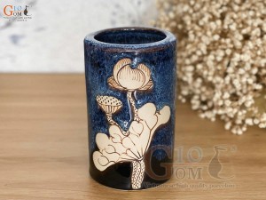 Ống đũa men hỏa biến xanh đá khắc Sen, cao 14cm