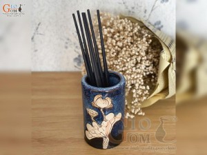 Ống đũa men hỏa biến xanh đá khắc Sen, cao 14cm
