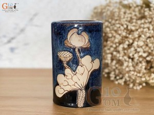 Ống đũa men hỏa biến xanh đá khắc Sen, cao 14cm