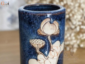 Ống đũa men hỏa biến xanh đá khắc Sen, cao 14cm