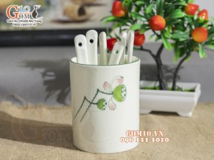 Ống đựng thìa men kem vẽ Đài Sen, cao 12cm