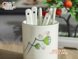 Ống đựng thìa men kem vẽ Đài Sen, cao 12cm