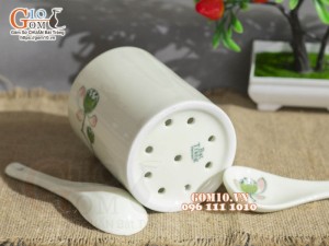 Ống đựng thìa men kem vẽ Đài Sen, cao 12cm