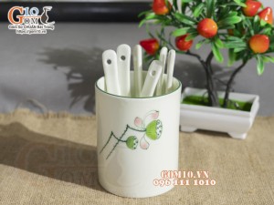 Ống đựng thìa men kem vẽ Đài Sen, cao 12cm
