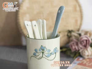 Ống đựng thìa men kem vẽ hoa Sen xanh, cao 12cm