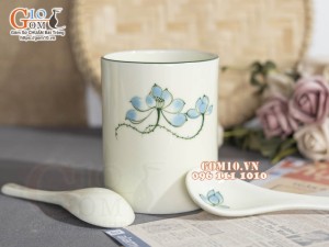 Ống đựng thìa men kem vẽ hoa Sen xanh, cao 12cm