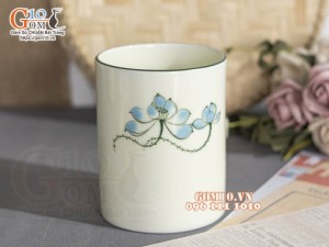 Ống đựng thìa men kem vẽ hoa Sen xanh, cao 12cm