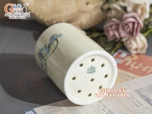 Ống đựng thìa men kem vẽ hoa Sen xanh, cao 12cm