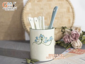 Ống đựng thìa men kem vẽ hoa Sen xanh, cao 12cm