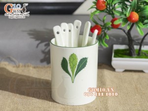 Ống đựng thìa men kem vẽ Ngò gai, cao 12cm