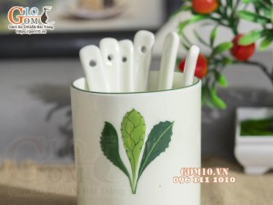 Ống đựng thìa men kem vẽ Ngò gai, cao 12cm