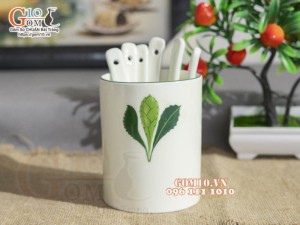 Ống đựng thìa men kem vẽ Ngò gai, cao 12cm