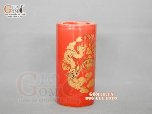 Ống hương họa tiết Rồng Phúc - Lộc - Thọ vàng kim men đỏ, cao 20cm