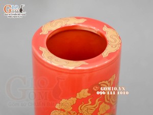 Ống hương họa tiết Rồng Phúc - Lộc - Thọ vàng kim men đỏ, cao 20cm