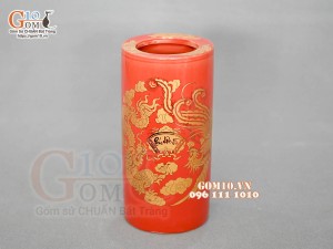 Ống hương họa tiết Rồng Phúc - Lộc - Thọ vàng kim men đỏ, cao 20cm