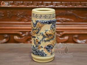 Ống hương men hoàng tộc đắp nổi Rồng Như Ý, cao 22cm