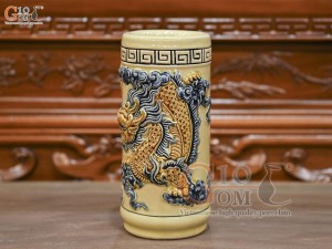 Ống hương men hoàng tộc đắp nổi Rồng Như Ý, cao 22cm