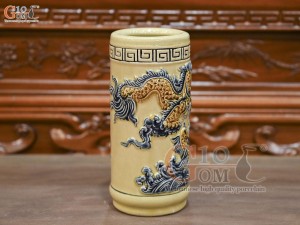 Ống hương men hoàng tộc đắp nổi Rồng Như Ý, cao 22cm
