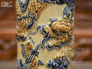 Ống hương men hoàng tộc đắp nổi Rồng Như Ý, cao 22cm