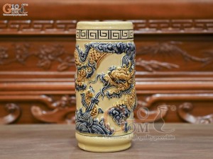 Ống hương men hoàng tộc đắp nổi Rồng Như Ý, cao 22cm