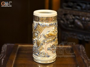 Ống hương men hoàng tộc đắp nổi Rồng Như Ý vẽ vàng 24k, cao 20cm