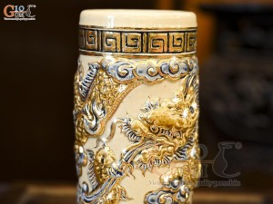 Ống hương men hoàng tộc đắp nổi Rồng Như Ý vẽ vàng 24k, cao 20cm